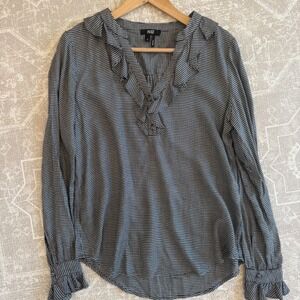 Paige Black White Micro Houndstooth Ruffle V-Neck Long Sleeve Blouse Small